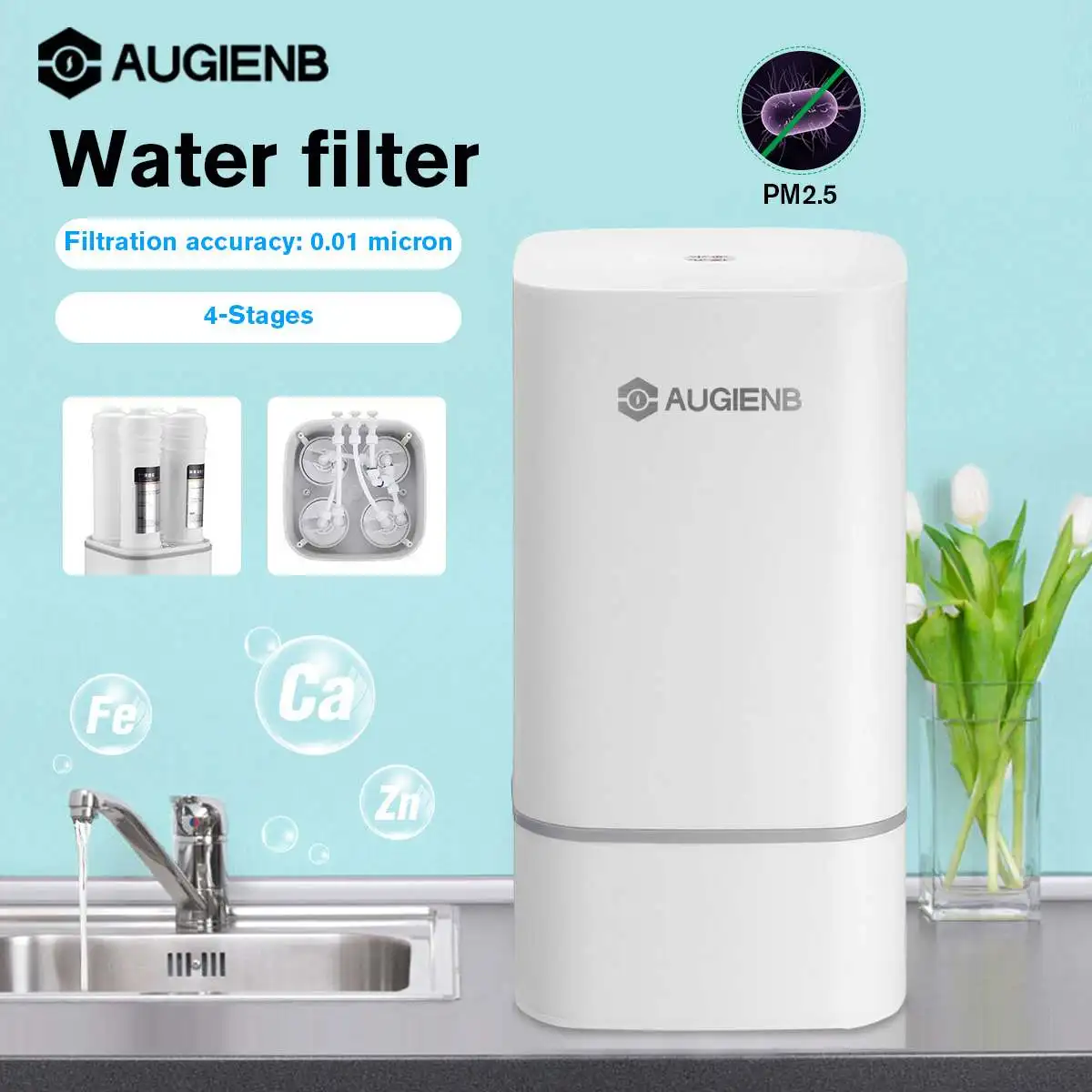 

AUGIENB 4-ступенчатая система сверхфильтрации питьевой воды, фильтр для воды, домашний кухонный очиститель с клапаном для смесителя