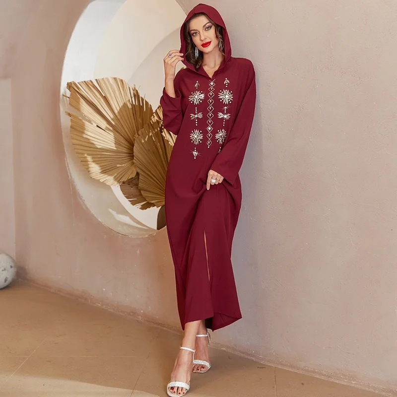 

Muslim Fashion Long Dress Burgundy Snowflake Heavy Hand Sewn Drill Hooded Elegant Abaya Dubai Caftan Dress European Clothing New