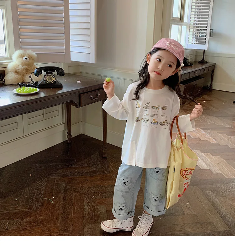 

2T-7T Korean Puppy Print Baby Casual T-Shirt Tops Autumn New Baby Girls Clothes Children's Outwear Long Sleeved Kids Cotton Tops