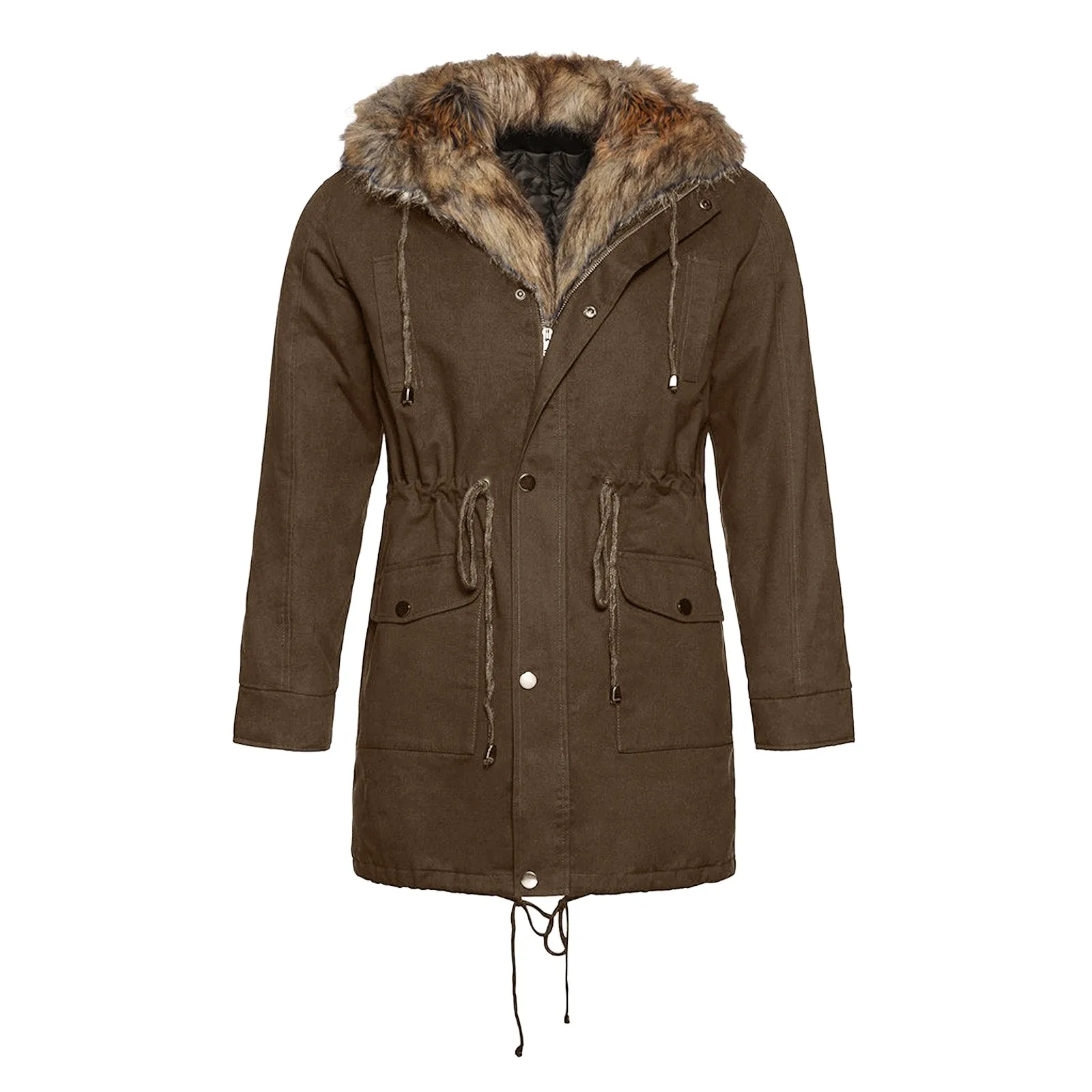 

Mens Thickened Overcoat Warm Winter Windproof Drawstring Waist Fleece Lined Faux-Fur Hood Outwear Jacket men's coats
