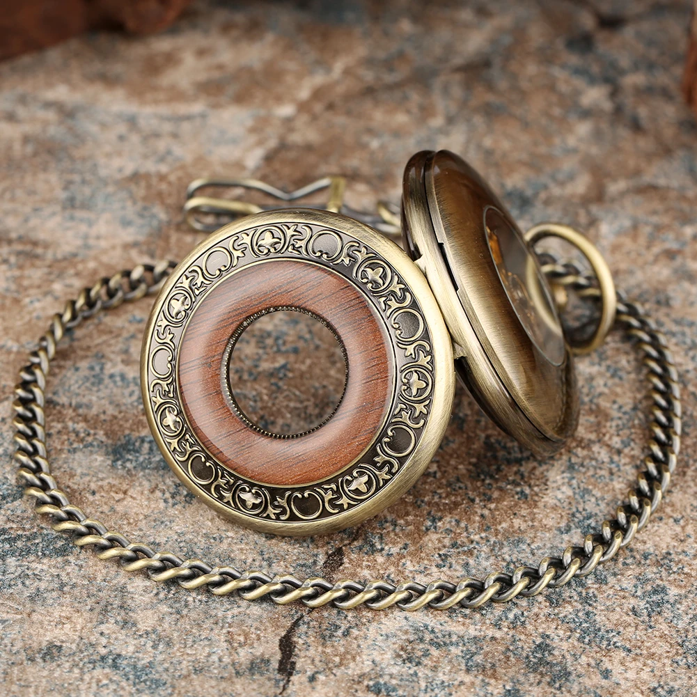 Vintage Hollow Red Wood Circle Decor Manual Mechanical Pocket Watch with Bronze Pocket Chain Luxury Antique Man Pocket Timepiece