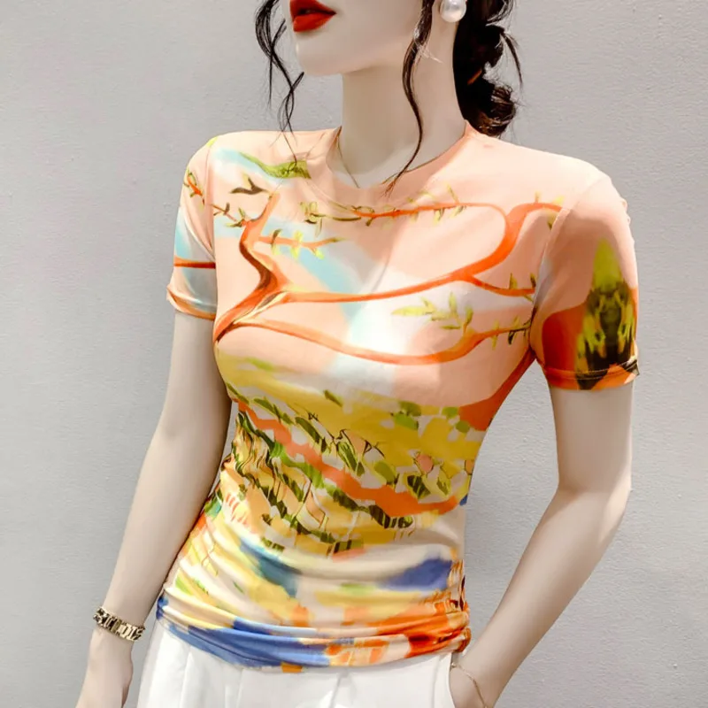 

#6430 Mesh T Shirt Women Slim Korean Style Tie Dye Printed T-shirt Short Sleeve Office Tee Sexy Streetwear Womens Tshirt Elastic