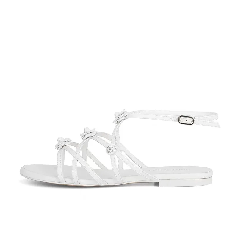 FAFA Fragrant Wind Open Toe Flat Bottom Thin Strap Leather Roman Female Sandals Soft Bottom Hollow Fairy Flower Clip Toe Shoes