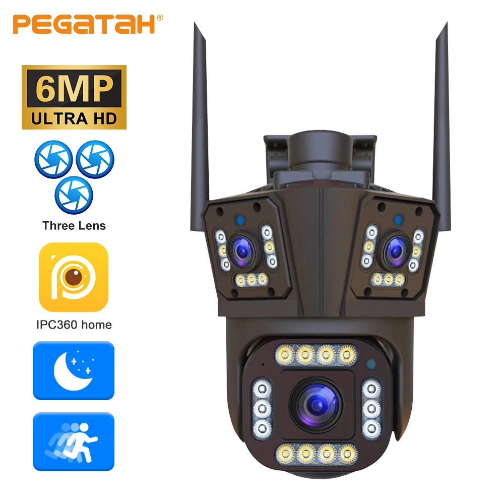 

PEGATAH 6MP IP Camera with Three Lenses Screens PTZ Outdoor Night Vision PTZ Security Cam Wireless CCTV Surveillance Cameras