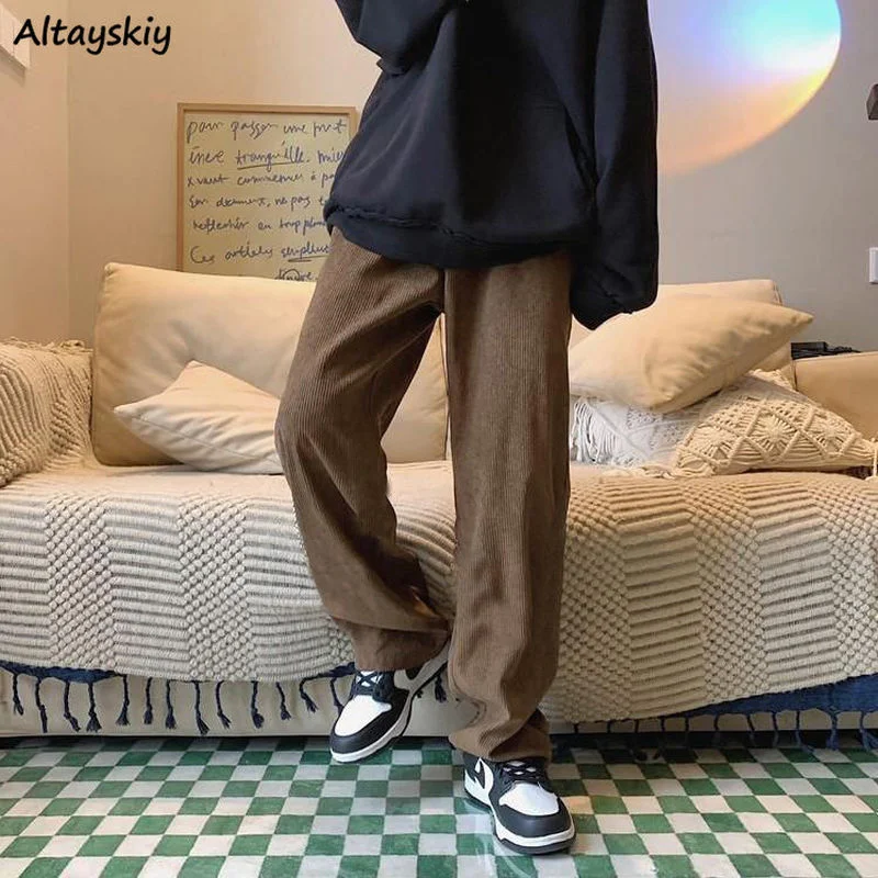 

Брюки женские винтажные коричневые в стиле Харадзюку, шикарные брюки унисекс в стиле Хай-стрит для подростков, универсальные свободные вес...