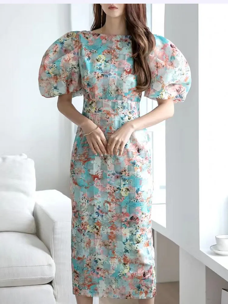 

Элегантное женское платье, летнее модное платье из органзы с акварельным принтом, круглым вырезом и пышными рукавами, темпераментные платья с высокой талией для женщин