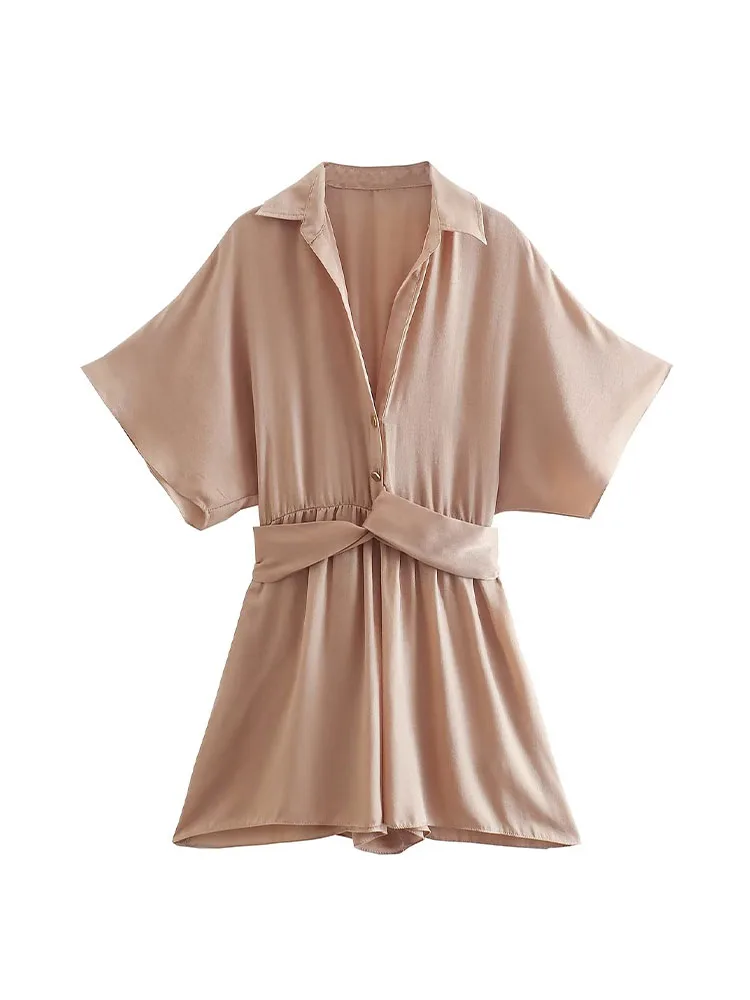 

Women 2022 New Fashion Knot Decoration Satin Texture Jumpsuit Vintage Short Sleeve Female Playsuits Mujer