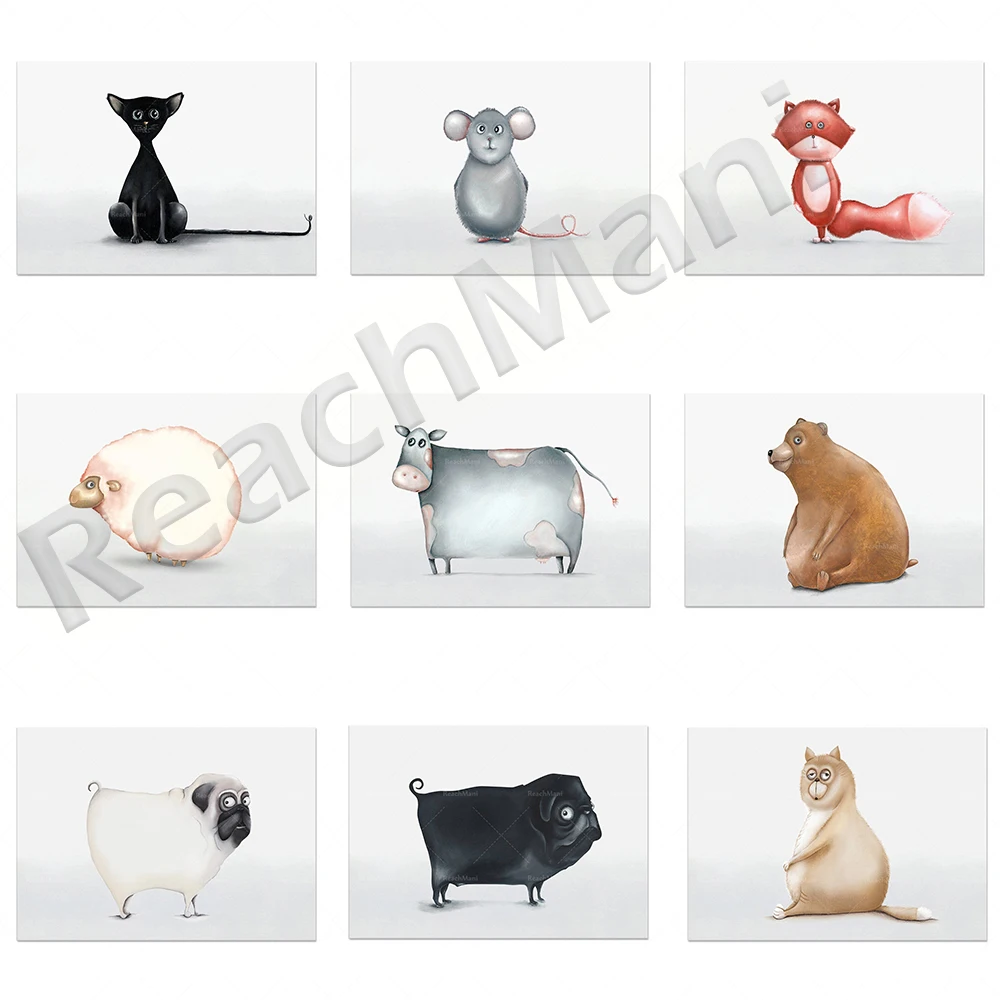 

Animal poster, bear, black cat, dachshund, pug, french bulldog, crocodile, cow, mouse animal print, nursery baby wall decor