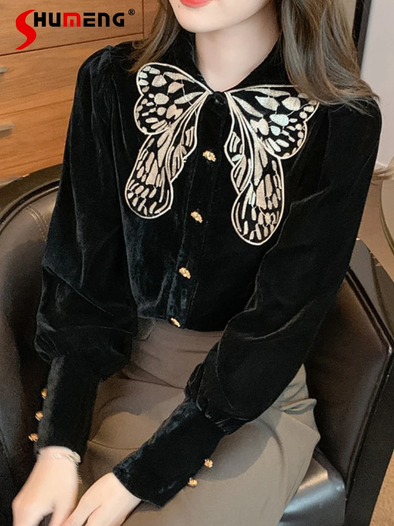 

Vintage Bow Embroidered Velvet Top 2022 Spring Autumn New Women's French Style Design Temperament Versatile Long Sleeve Shirt