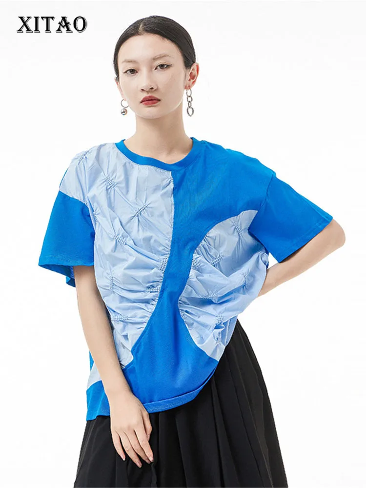 

XITAO Women Pleated Tshirt Fashion New Pullover Solid Color 2022 Summer Minority Loose Elegant Loose Hit Color Tee Top WMD6348