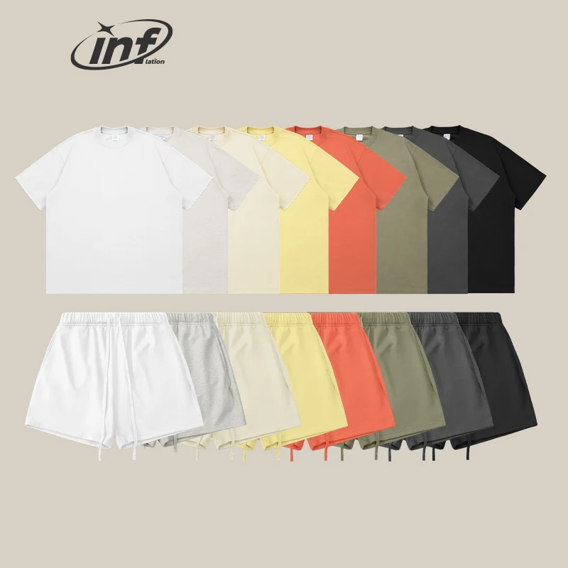 INFLATION Summer Heavyweight 100% Cotton Tracksuit Set Unisex Candy Color Oversize Tshirts and Shorts Set (not 100% same color)
