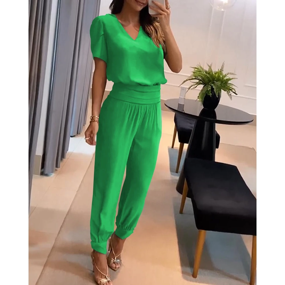 Women Puff Sleeve V-Neck Short Sleeve Top & High Waist Cuffed Pants Set Casual Femme Fashion Two-Piece Set Woman Outfits Clothes