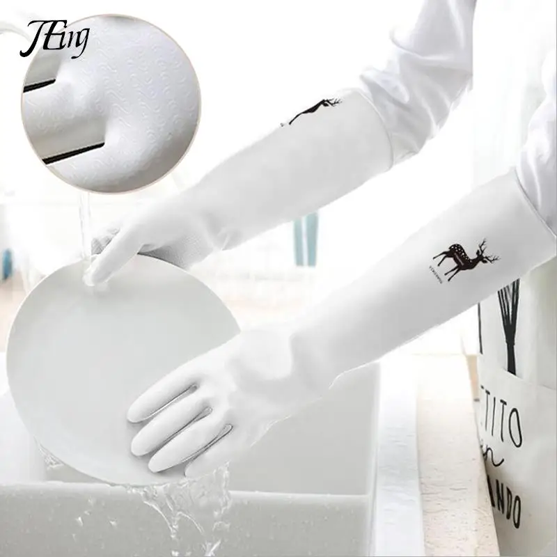 

Transparent Kitchen Wash Dishes Cleaning Gloves Rubber Latex Non-slip Wear-resistant Household Tools Waterproof Long Sleeve