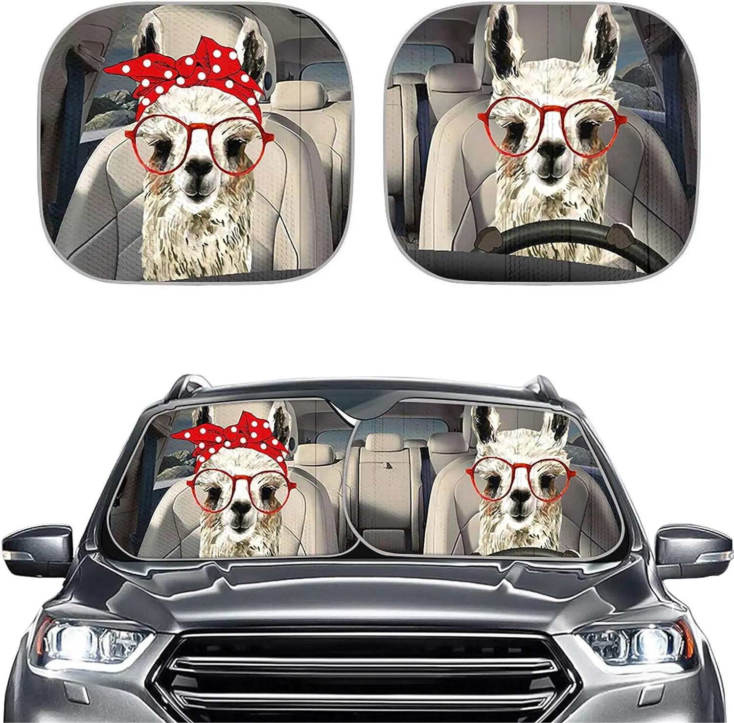 

Funny Couple Animal Llama Driver 2 Pcs Universal Front Windshield Sun Shade Fit for SUV Trucks Sedan Rainbow Cars Front Window