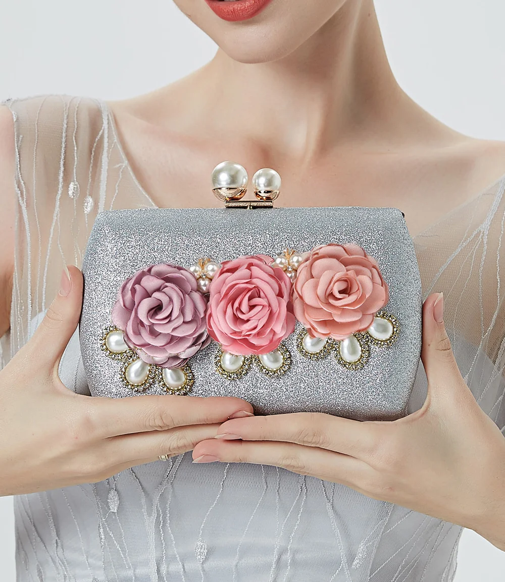 

2023 new handmade floral evening bags wedding clutch bags with pearl chain party bags for ladies WY170