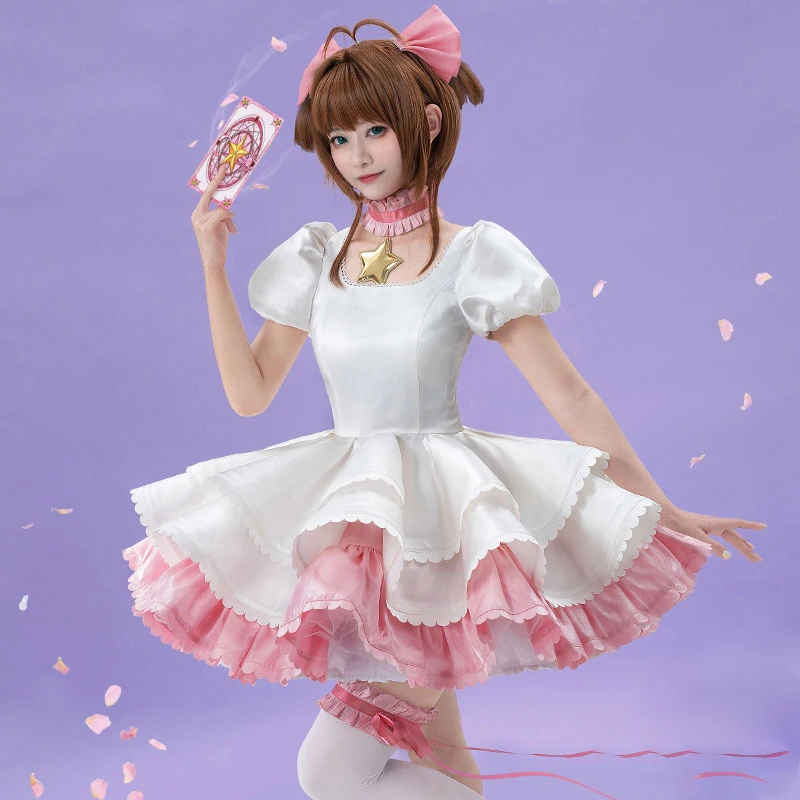 

Anime Card Captor Sakura Cosplay Costume Women Pink And White Combat Battle Dress Cute Party Suit Halloween Carnival Uniforms