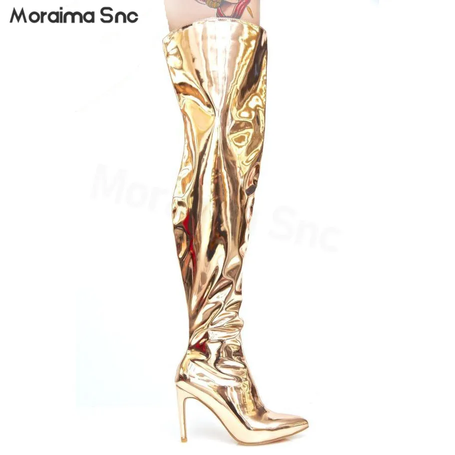 Golden Patent Leather Shiny Boots Pointed Toe Stiletto High-Heel Catwalk Nightclub Women's Boots Fashion Over-The-Knee Boots