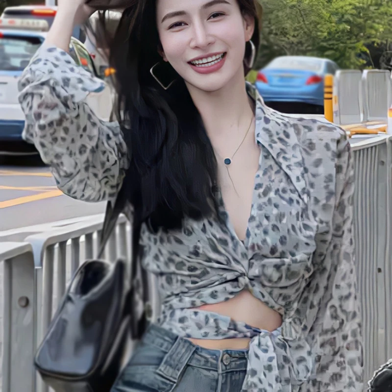 Женская Приталенная Блузка С Леопардовым Принтом И Длинным Рукавом V-образным