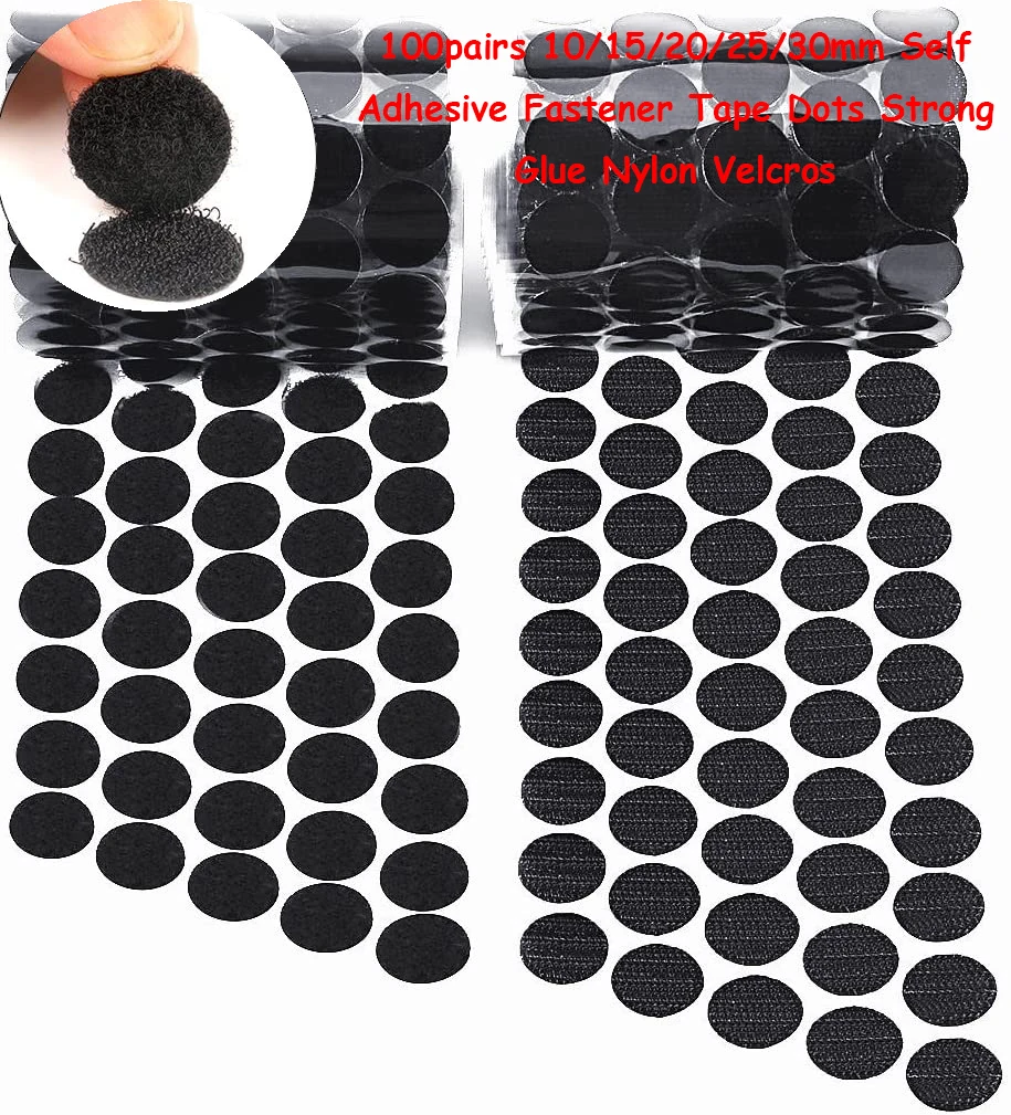 

100pairs 10/15/20/25/30mm Self Adhesive Fastener Tape Dots Strong Glue Nylon Sticker Round Coin Hook Loop Tape