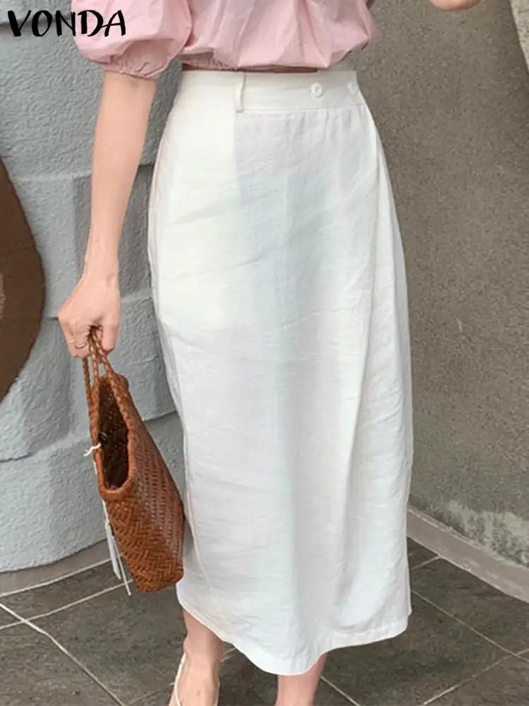 

VONDA 2022 Vintage Women Casual Cotton Jupe High Waist Long Skirts Female Fashion Button Party A-line Skirt Faldas Saia Oversize