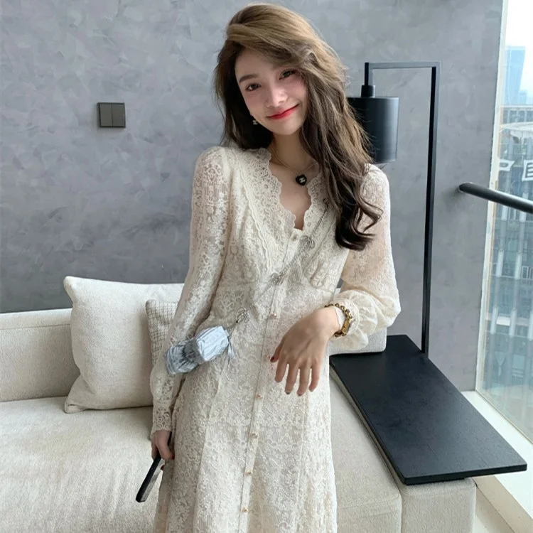 

French first love sweet Versailles skirt with thin waist in spring and autumn, long skirt, white lace bottomed dress, female