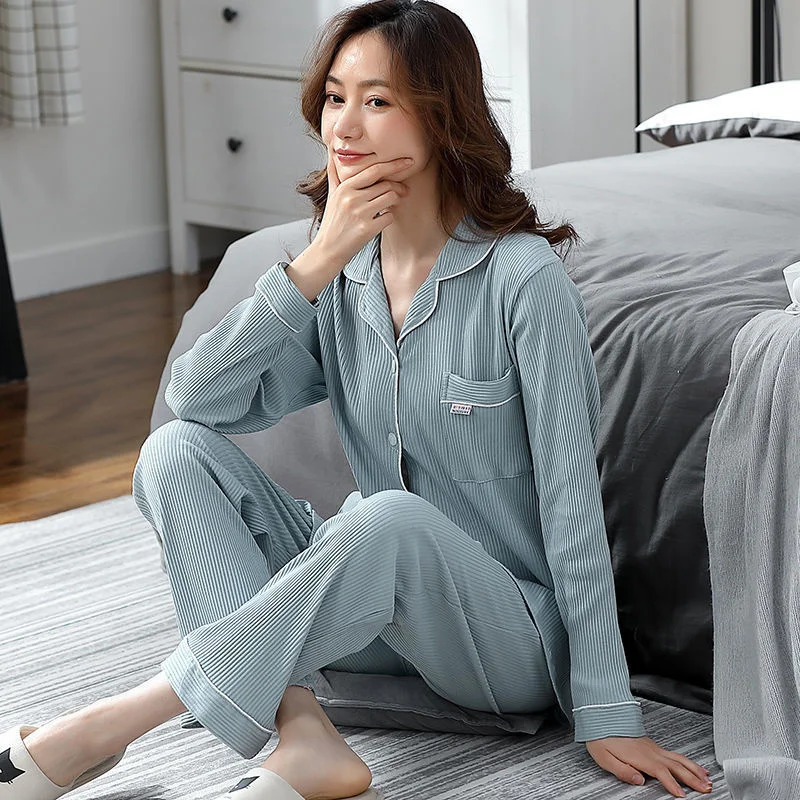 Autumn Pajamas Set Casual Sleepwear For Women Full Sleeve Shirt Solid Color Pyjama Women's  Fashion Soft Homewear Plus Size