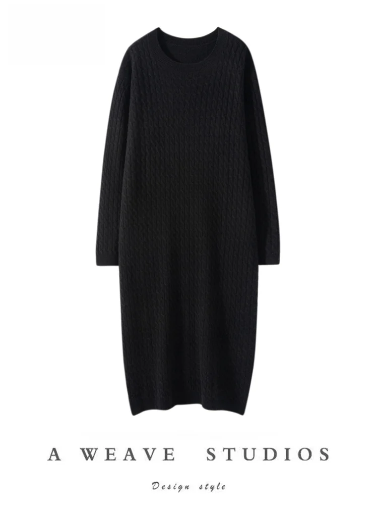 Осень-зима 2023 женское 00% чистое кашемировое платье с круглым вырезом витое