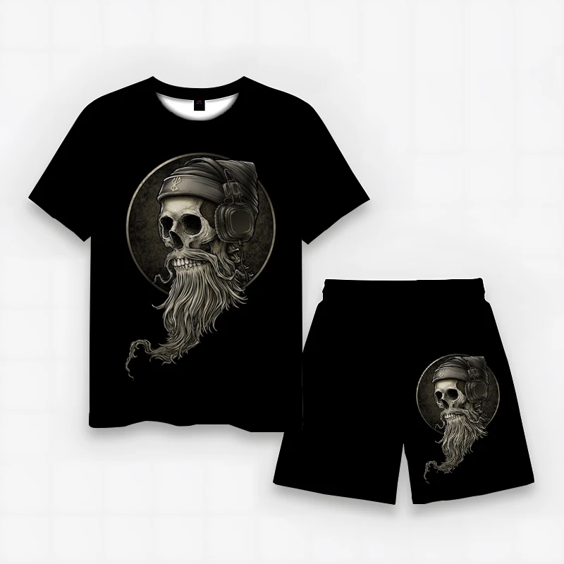 

2023 Summer Men's New Horror Skull 3D Printing Fun Simple Sports Fashion Casual Set Short Sleeve+Shorts Large Asian Size XXS-6XL