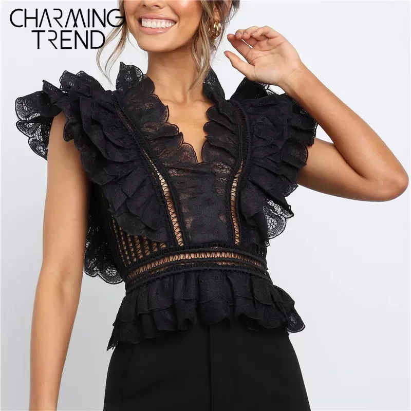 

Women Lace Tanks Tops Openwork V-Neck Backless Sleeveless short Tanks Summer Black Lace Banquet Elegant Female Party Tops Caim