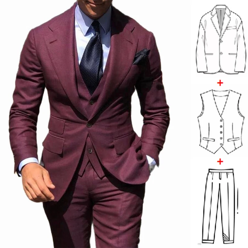 Classic Wedding Suit for Men Slim Fit Groom Wear Men's Tuxedo Groomsmen Suit Male Cheap Formal Business (Jacket+Vest+Pants）