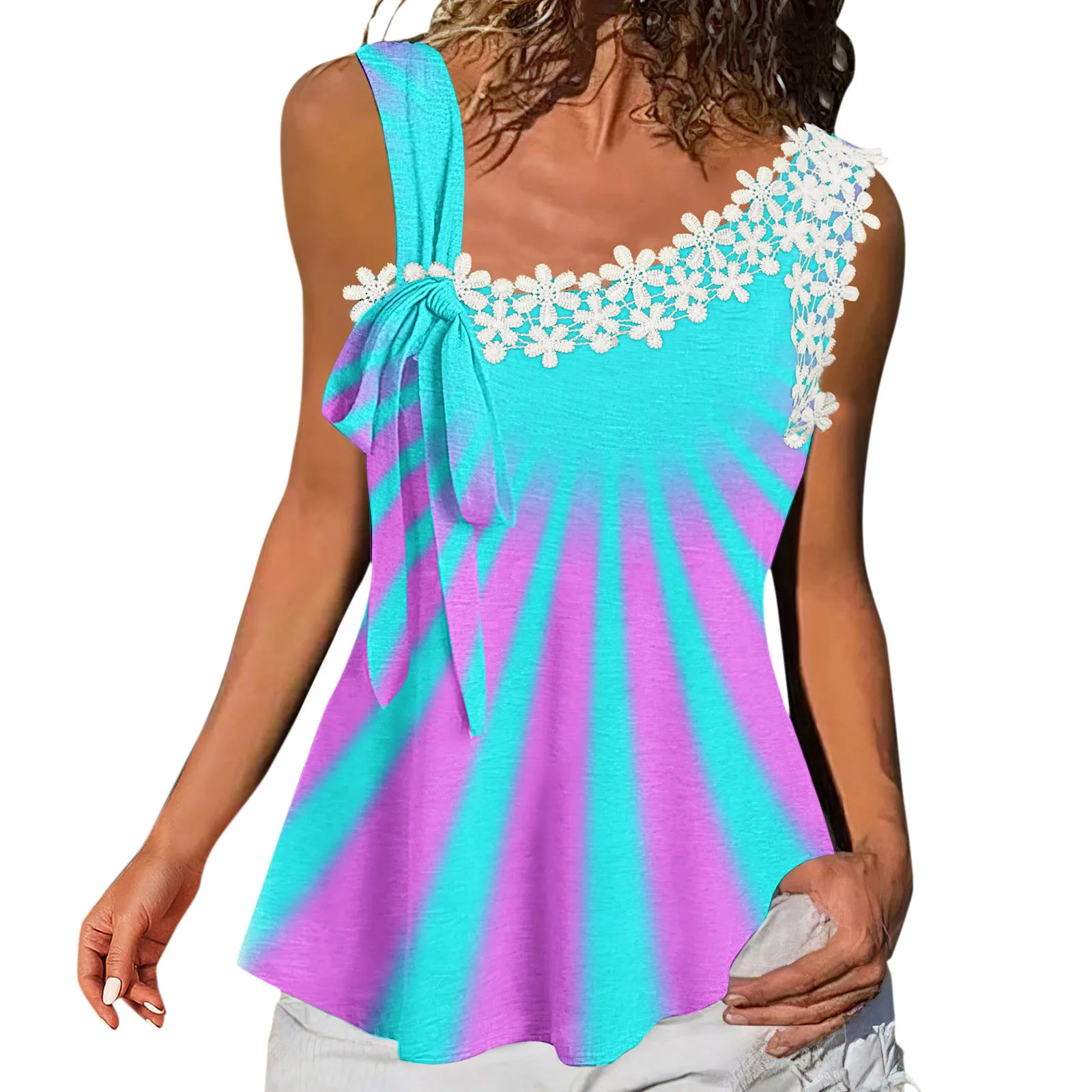 

Расклешенные рубашки для женщин, повседневная кружевная майка без рукавов с цветочным принтом, модная женская цветочная туника, топы, удобн...