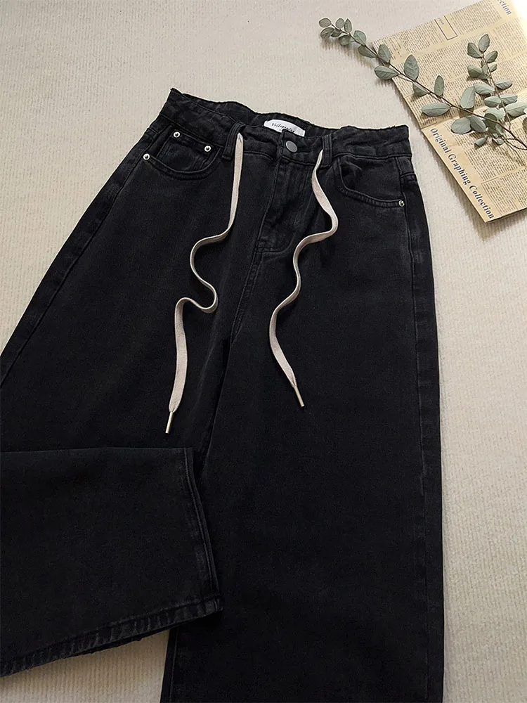

Drawstring Tie Up High Waist Black Color Women Jean Trousers 2022 Autumn Loose Wide Leg Lady Denim Pants American Style Vintage