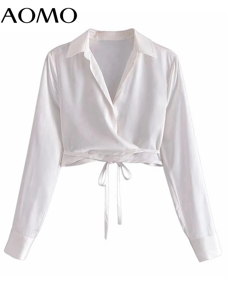 

AOMO Women Retro White Crop Shirt with Slash 2022 Chic Female Sexy Shirt Tops 3H218A