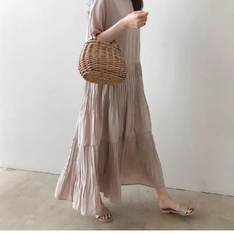 

2023 Summer New Simple Solid O-neck Literary Cotton Linen Dress Korean Slimming Loose All-match Women Long Dress Free Shipping