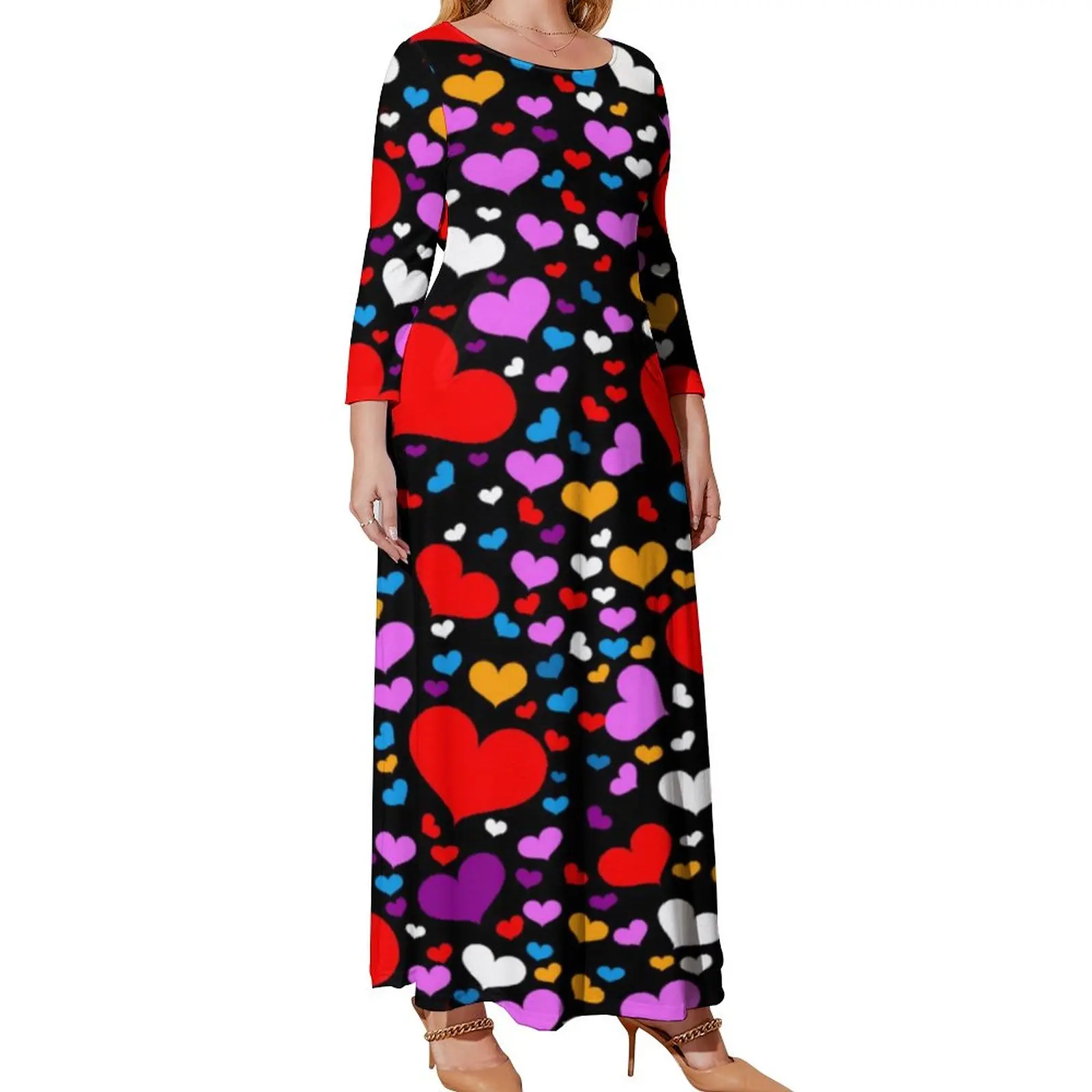 Colorful Heart Prints Dress Women Valentines Day Kawaii Maxi Dress Korean Fashion Bohemia Long Dresses Vestido Plus Size 3XL 4XL