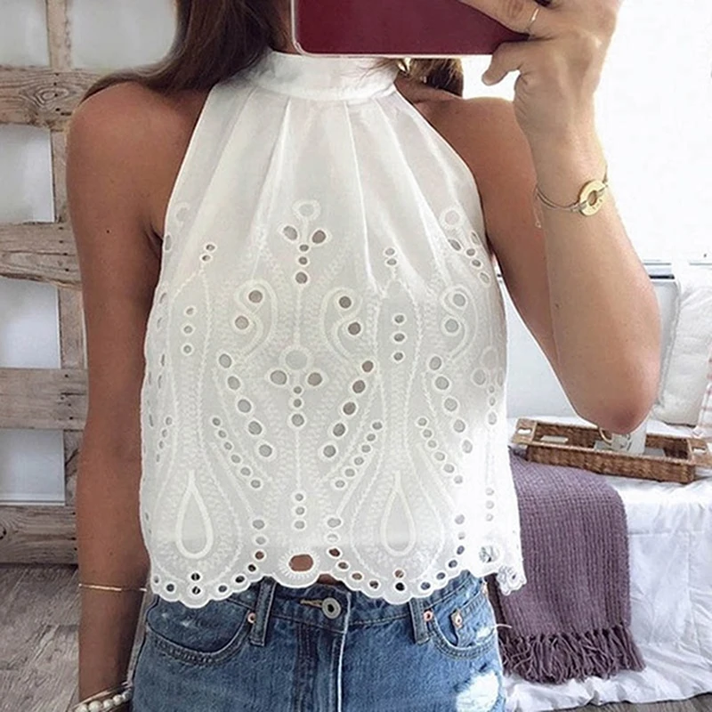 

Sexy Off Shoulder Blouse Chiffon Women Tops Summer Casual Backless Sleeveless Shirts Chiffon Blouse Crochet Female Sweet Shirts