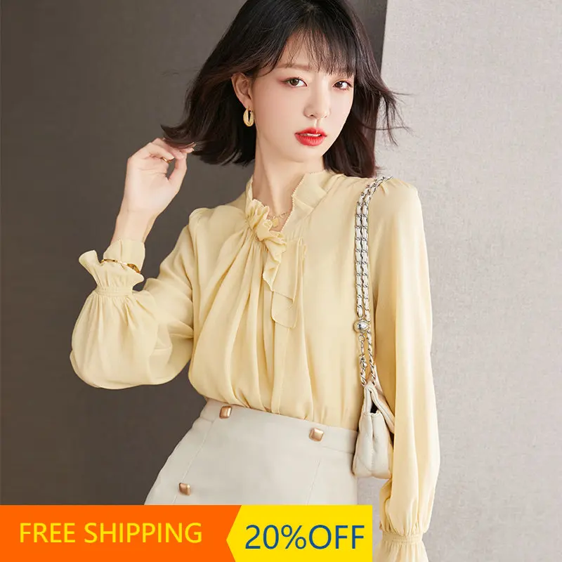 

Chiffon Women's Blouses Summer 2022 Solid Short Sleeve Fashion Shirts Loose Korean Ruffles Top New Casual Clothing V-Neck