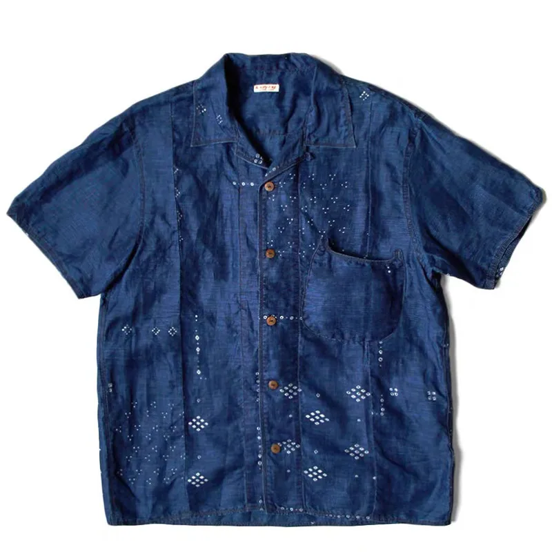 

21SS KAPITAL Hirata and Hiroshi Blue Dyed Denim Cotton Print Spliced Japanese Vintage Short Sleeve Shirt for Men Japan Style