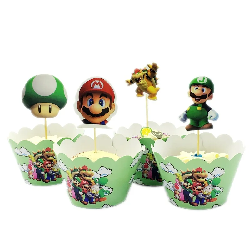 

24Pcs/set Super Mario Bros Cartoon Cupcake Toppers for Decorate Birthday Party Anime Figure Mario Luigi Cake Flag Party Supplies