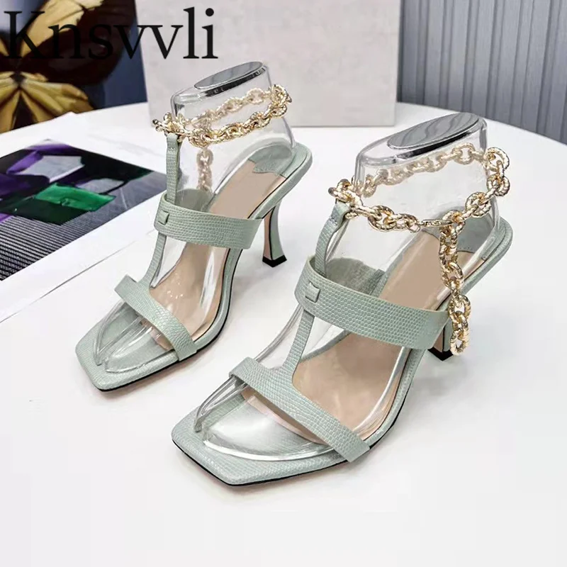 

Sexy High Heels Sandals Women Metal Decoration Chain Buckle Strap Mules Shoes Ladies Square Toe Open Toe Heeled Sandals Woman