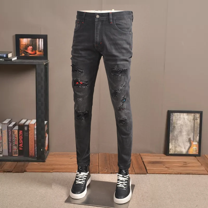 Newly Designer Fashion Men Jeans Retro Black Gray Stretch Slim Fit Hole Ripped Jeans Men Patch Designer Vintage Pants Hombbre