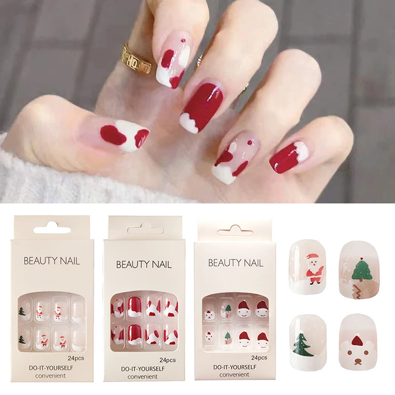 

24PCS Christmas Acrylic Fake Nail Artificial Nail Art Decor Christmas Press On False Nail Short Square Full Cover Manicure