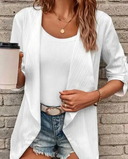 

Women Waterfall Neck Rolled Edge Sleeves Cardigan Without Buckle Collage/splicing with Loose Clothing Temperament Commuting