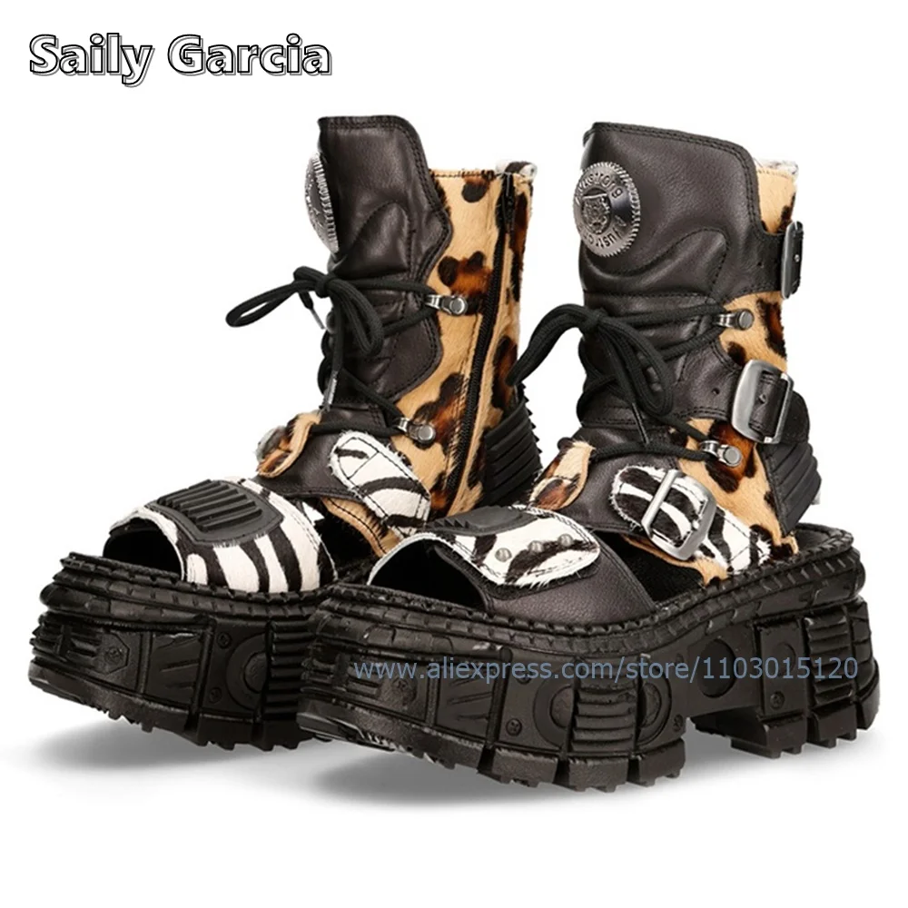 Сандалии Leopord до середины икры на толстой подошве ботинки с открытым носком