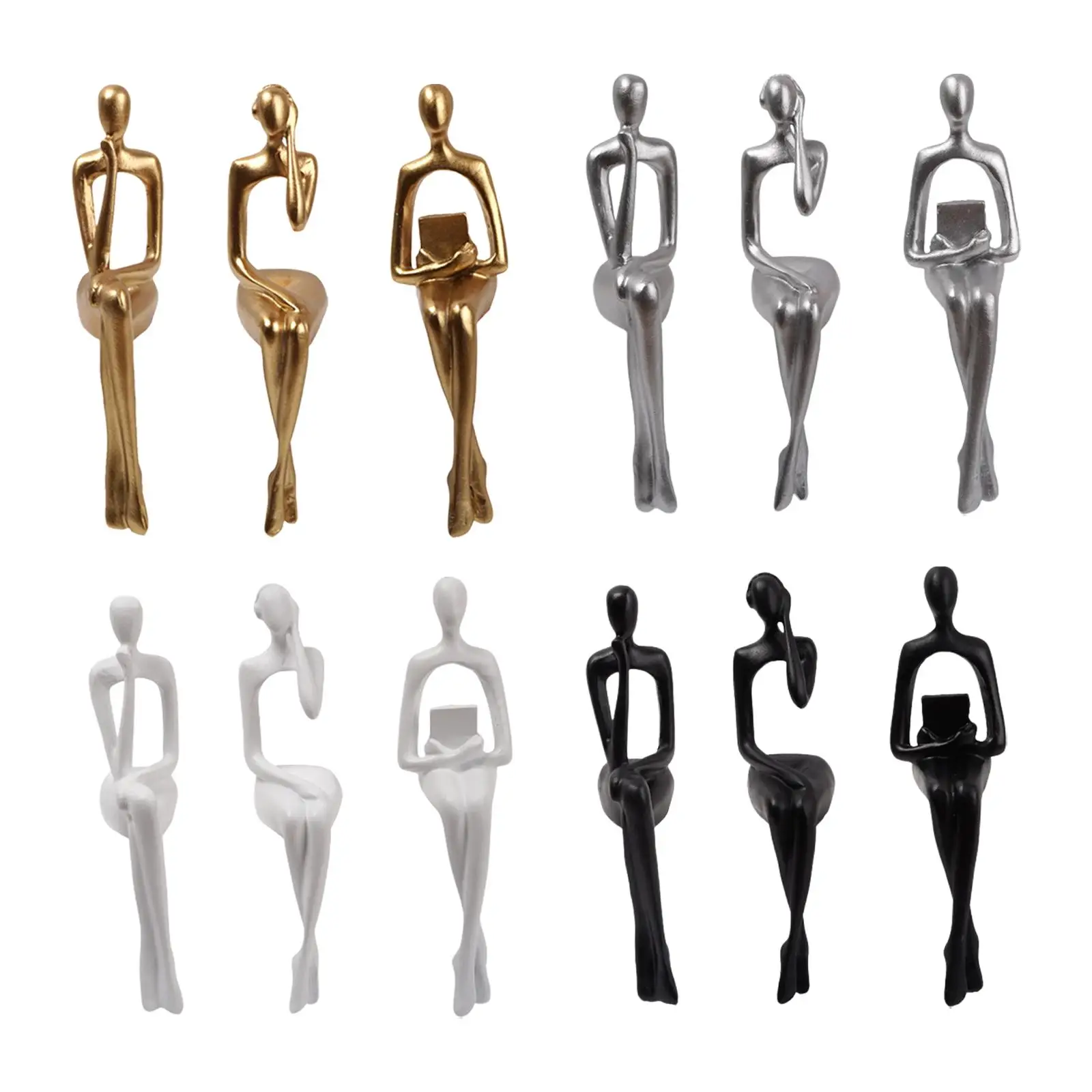 

3 Pieces Modern Bookshelf Decor, Seated Thinker Statue, Abstract Sculpture,