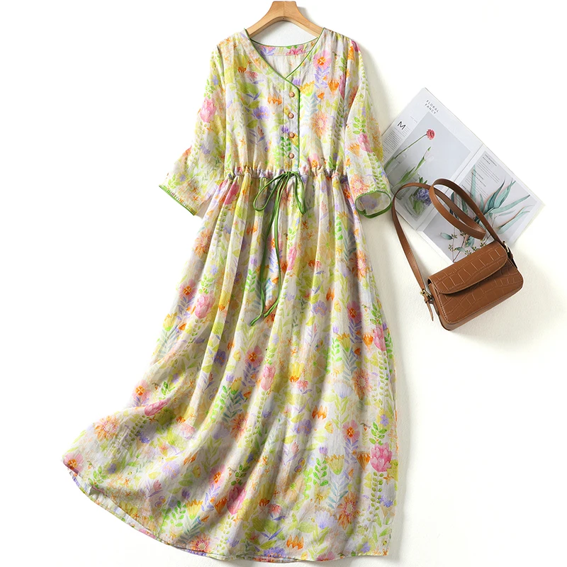 

Limiguyue French Style Cotton Linen Women Dress Big Swing Floral Print Casual V- Neck Summer Dresses Elastic Waist U475