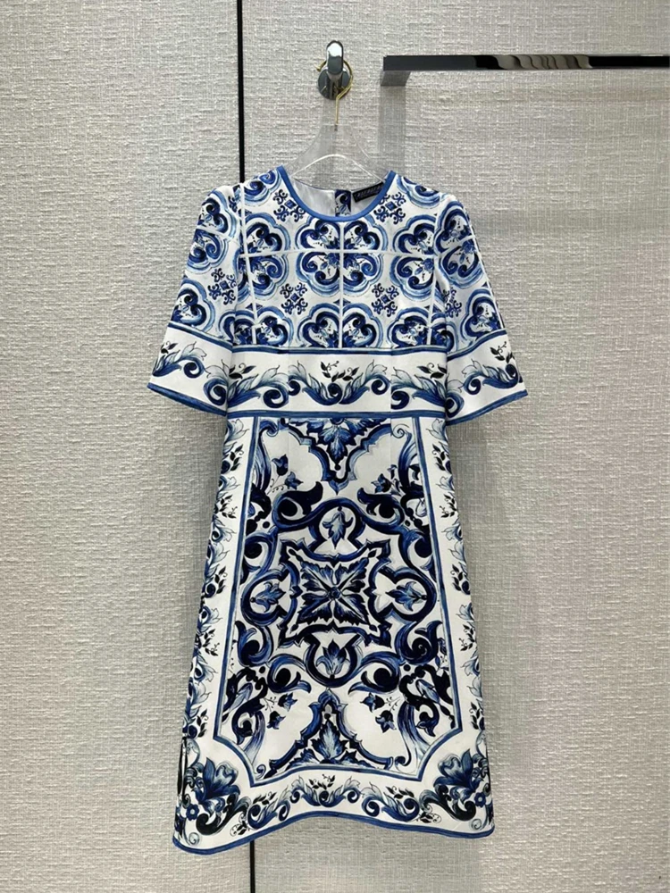 

Женское элегантное платье до колен, синие праздничные платья с этническим принтом и круглым вырезом, летняя одежда