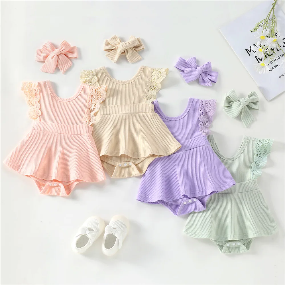 

Baby Girl Solid Color Rib Knit Bodysuits Headband Lace Romper Dress 0-24M Newborn Infant Toddler Summer Casual Jumpsuits 2022