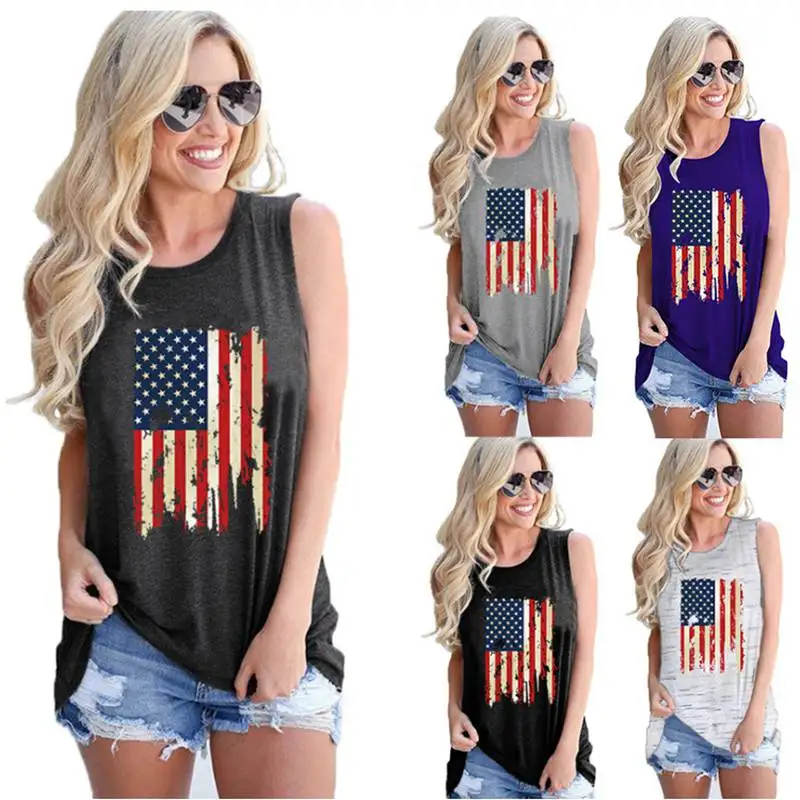 

2022 New summer fashion flag print retro trend crew-neck tank top Independence Day hot women's tops