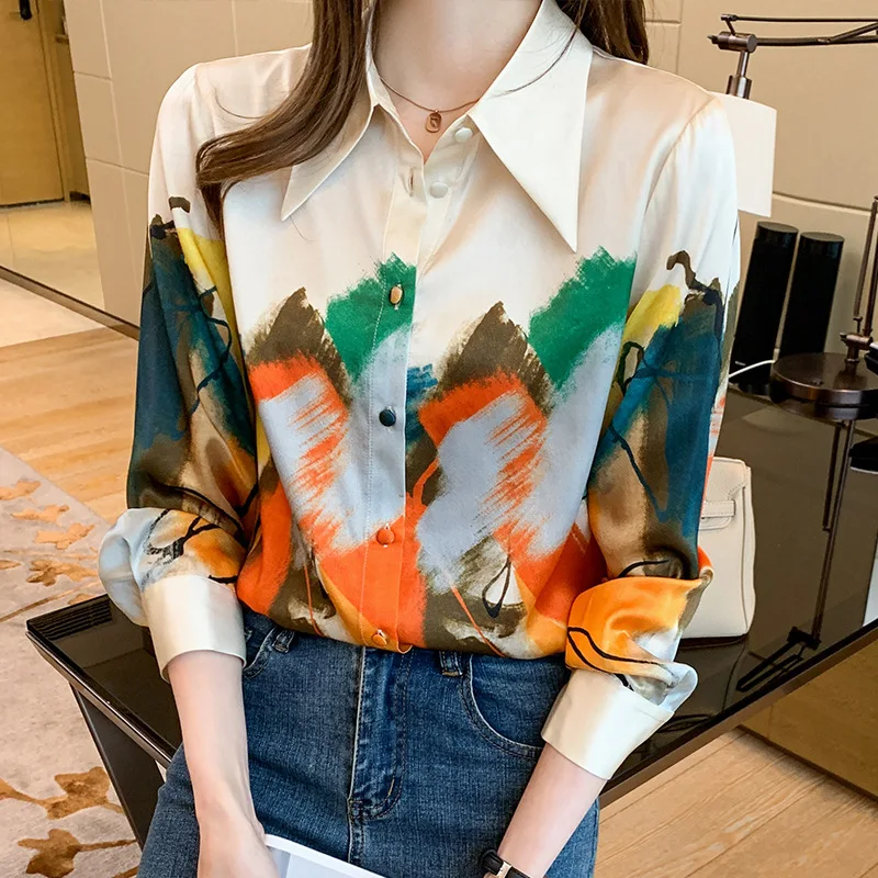 

Retro Ink Painting Shirt Women's Tops Office Button Up Chiffon Shirts Ladies Casual Lapel Long-sleeve Blouses Blusas Femininas
